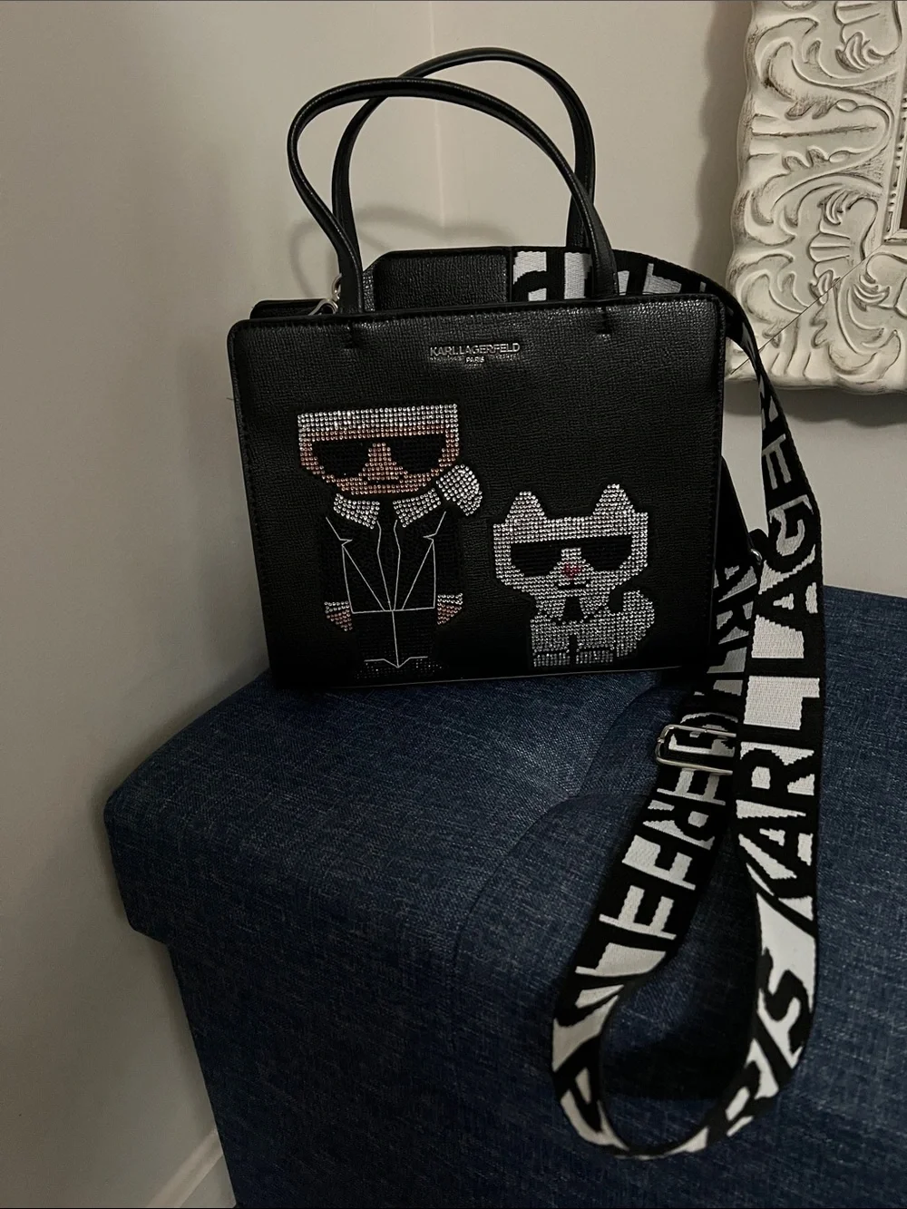 Karl Lagerfeld bling crystals crossbody satchel purse bag - Picture 2 of 10